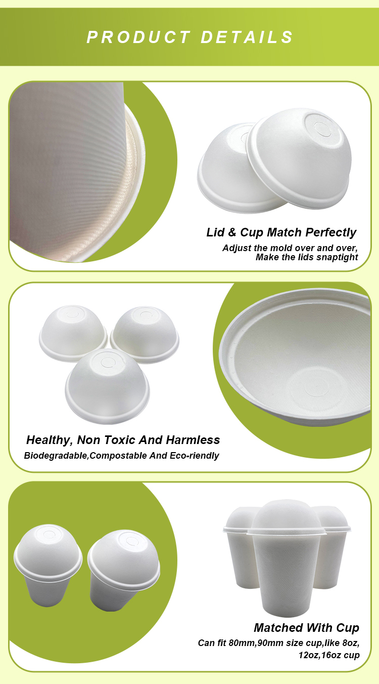 Eco Friendly 80mm Dome Take Away Sugarcane Pulp 100% Biodegradable Paper Cup Lids 90Mm White For Tea Cup