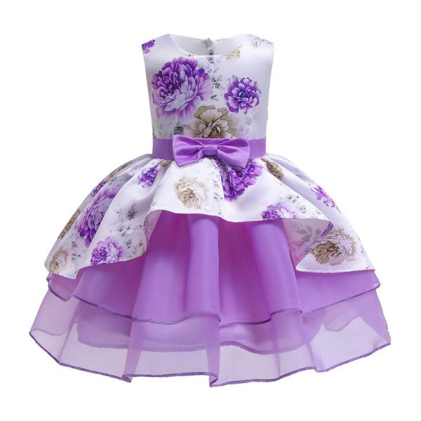 Hot Sale Toon Purple Girl Dress Bow Belt Printed Mesh Gown Princess Dress Tutu