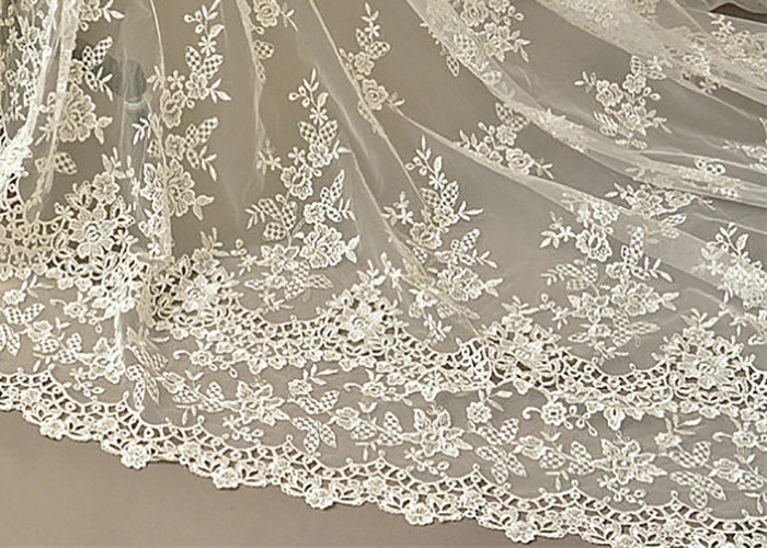 Retro Embroidery Ivory Bridal Lace Fabric / Stretch Tulle Fabric For Wedding Dresses