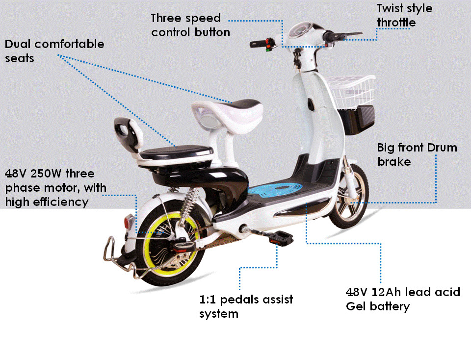 25 mph Pedal Assist Electric Bike Drum Brake 48V 250W Safety Small Lovely Scooter