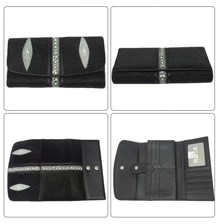 Stingray Skin Unisex Men Long Trifold Wallet Large Male Card Holders Genuine Leather Deep Blue Female Large Clutch Purse