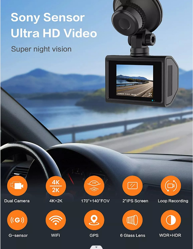2 Inch IPS Dual Dashcam WiFi 4K 2K Dual With Sony IMX335 Sensor