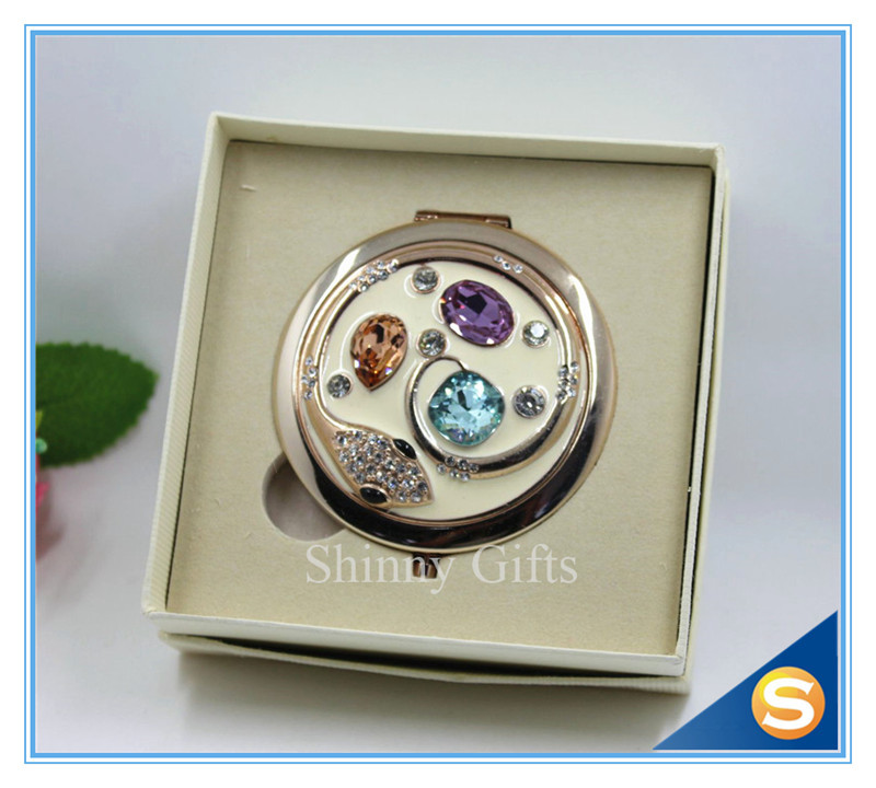 Shinny Gifts Custom Crystal Compact Mirror Handbag Small Round Shape Makeup Mirror