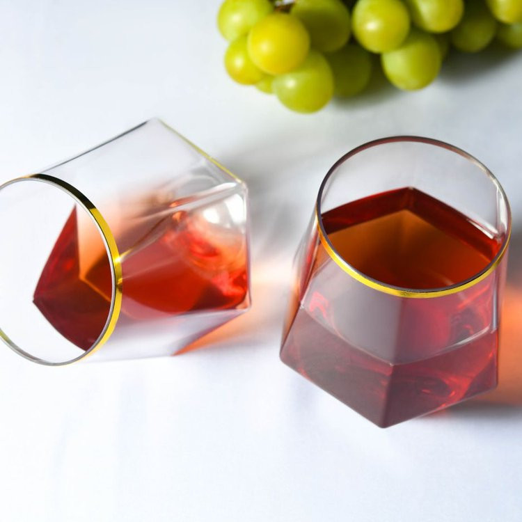 Cocktail Whiskey Diamond Stemless Plastic Wine Glasses 12oz Gold Rim