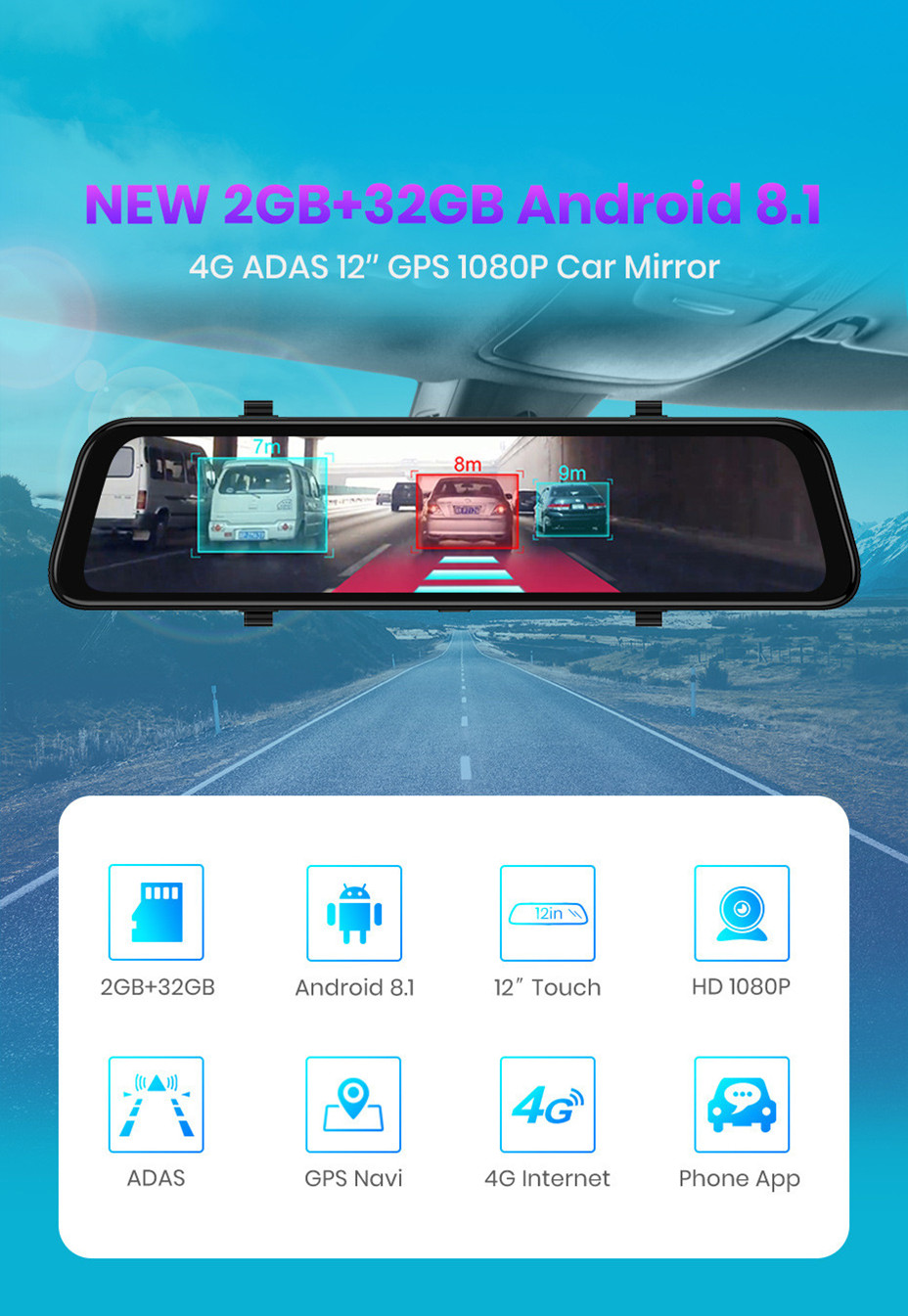 Rearview Dual 6G Lens Android Dash Cam ADAS Car DVR Camera Recorder