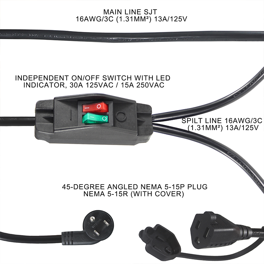 2Ft 1 NEMA 5-15P To 2 NEMA 5-15R US Power Extension Cord Y Splitter With Switch
