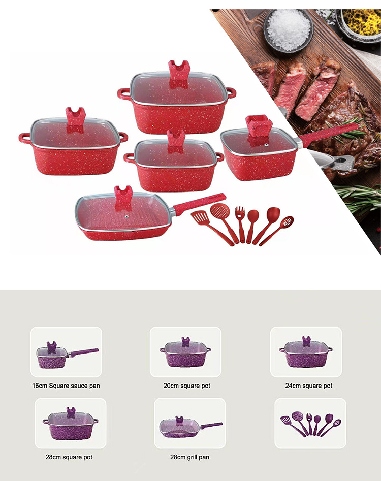 16Pcs Maifan Stone Aluminum Cookware Set With Anti Heat Handle