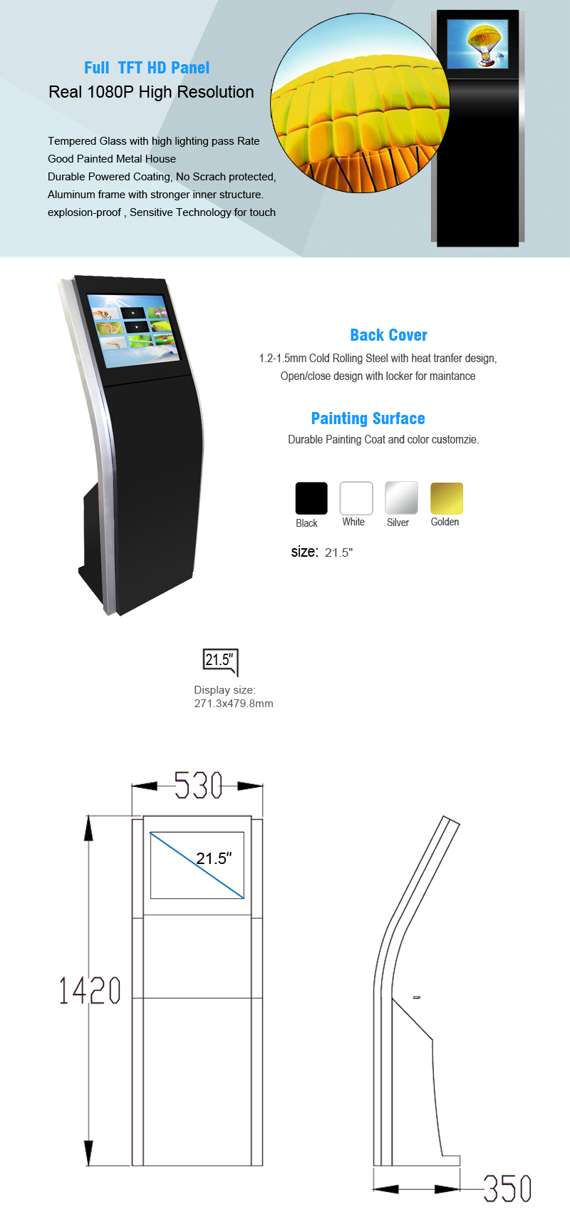 Ticket Printing Touch Screen Display Kiosk , 19 Inch Queue Electronic Signage Display