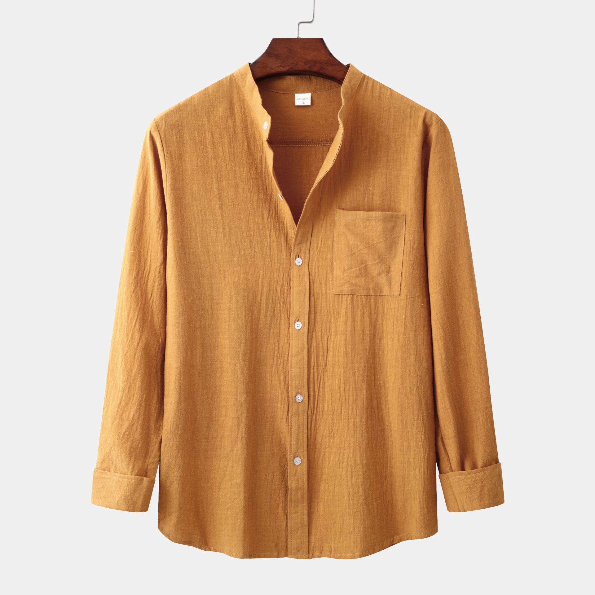 Advantageous Breathable Material Men's Orange Cotton Linen Shirt for Warm Weather