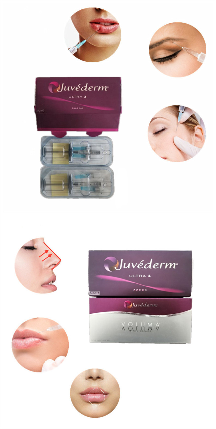 Juvederm Ultra3 Ultra4 Voluma Fillers Hyaluronic Acid Long Lasting HA Gel 2*1ml