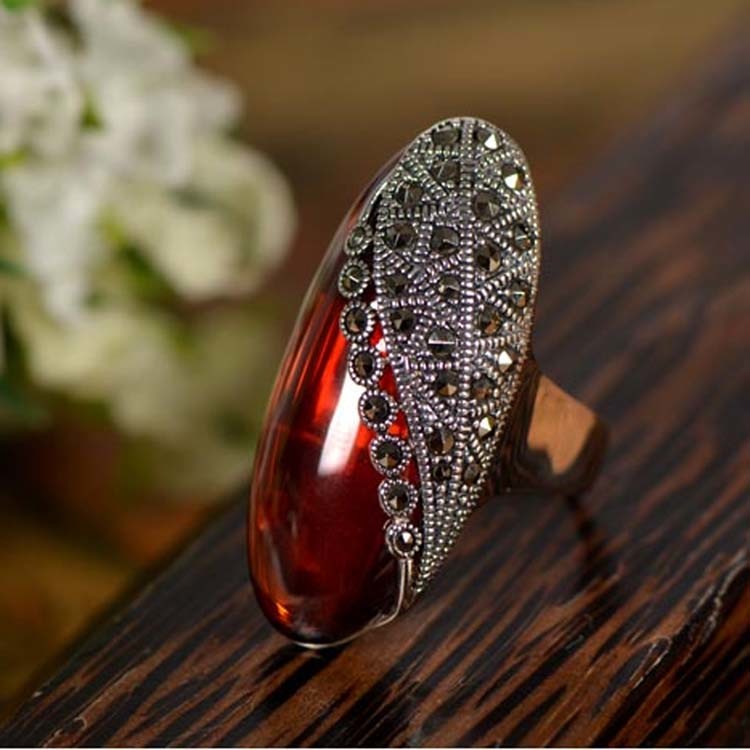 Vintage Sterling Silver Ring with Oval Red Cubic Zirconia and Marcasite(R12283RED)