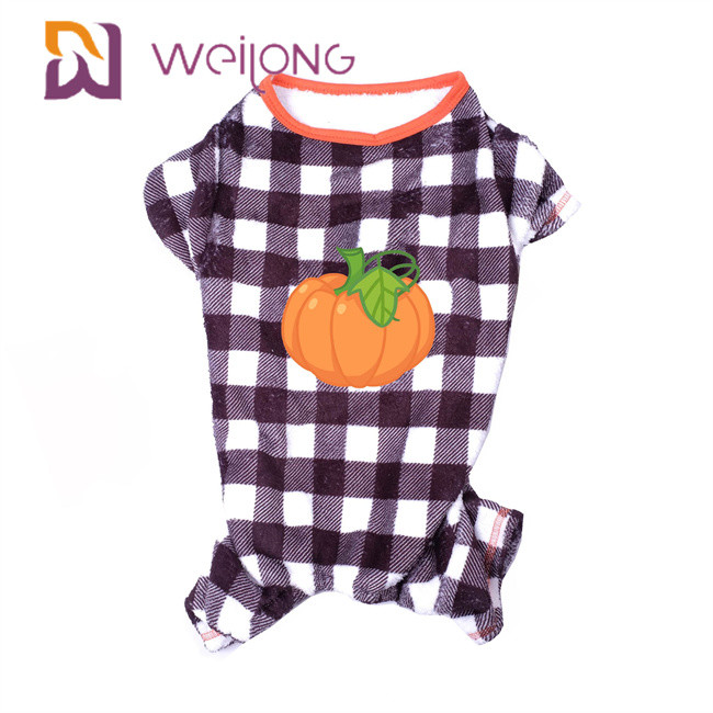 Rubber Print Pumpkin Fleece Dog Pajamas Halloween Plaid Dog Pajamas