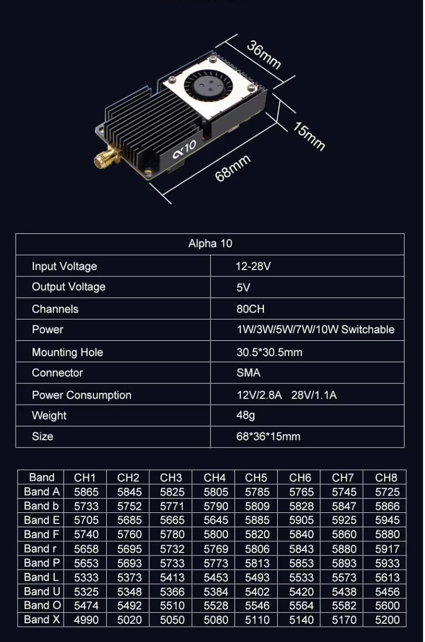 AKK Alpha 10 10W Drone VTX 4.9G 5.8GHz 80CH 10W FPV Video Transmitter