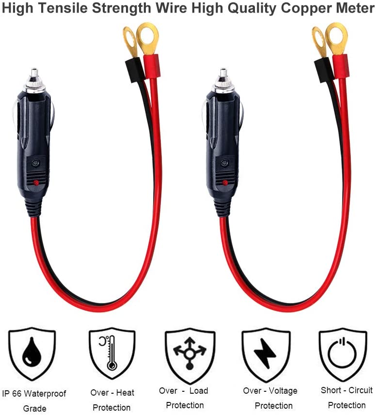 1M Spt-2 12V 24V Solar Power Cable Car Cigarette Lighter Male Adapter To 2 Ring Terminal