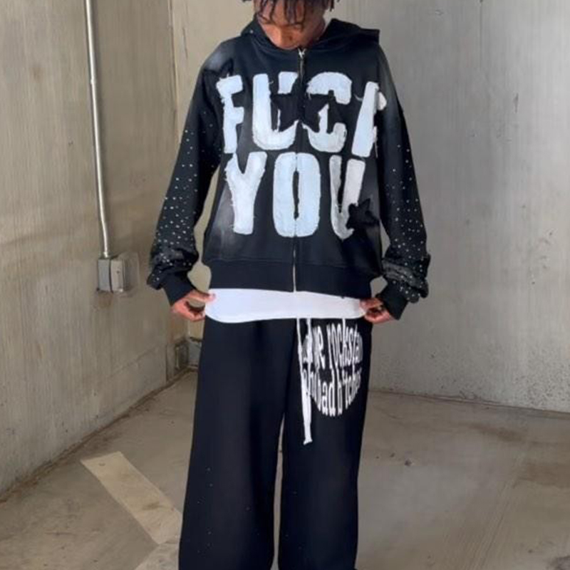 Customizable Distressed Applique Embroidery Hoodie Rhinestone Zip Hoodie O Neck
