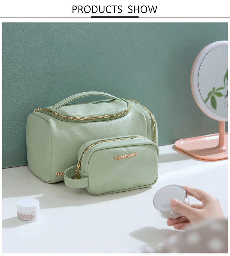 Large Capacity Travel Vanity PU Cosmetic Bag With Handle