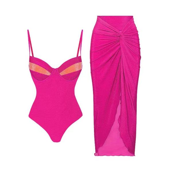 Summer Beach Bikini Nylon Three Piece Swimwear Red Blue Green Regular High