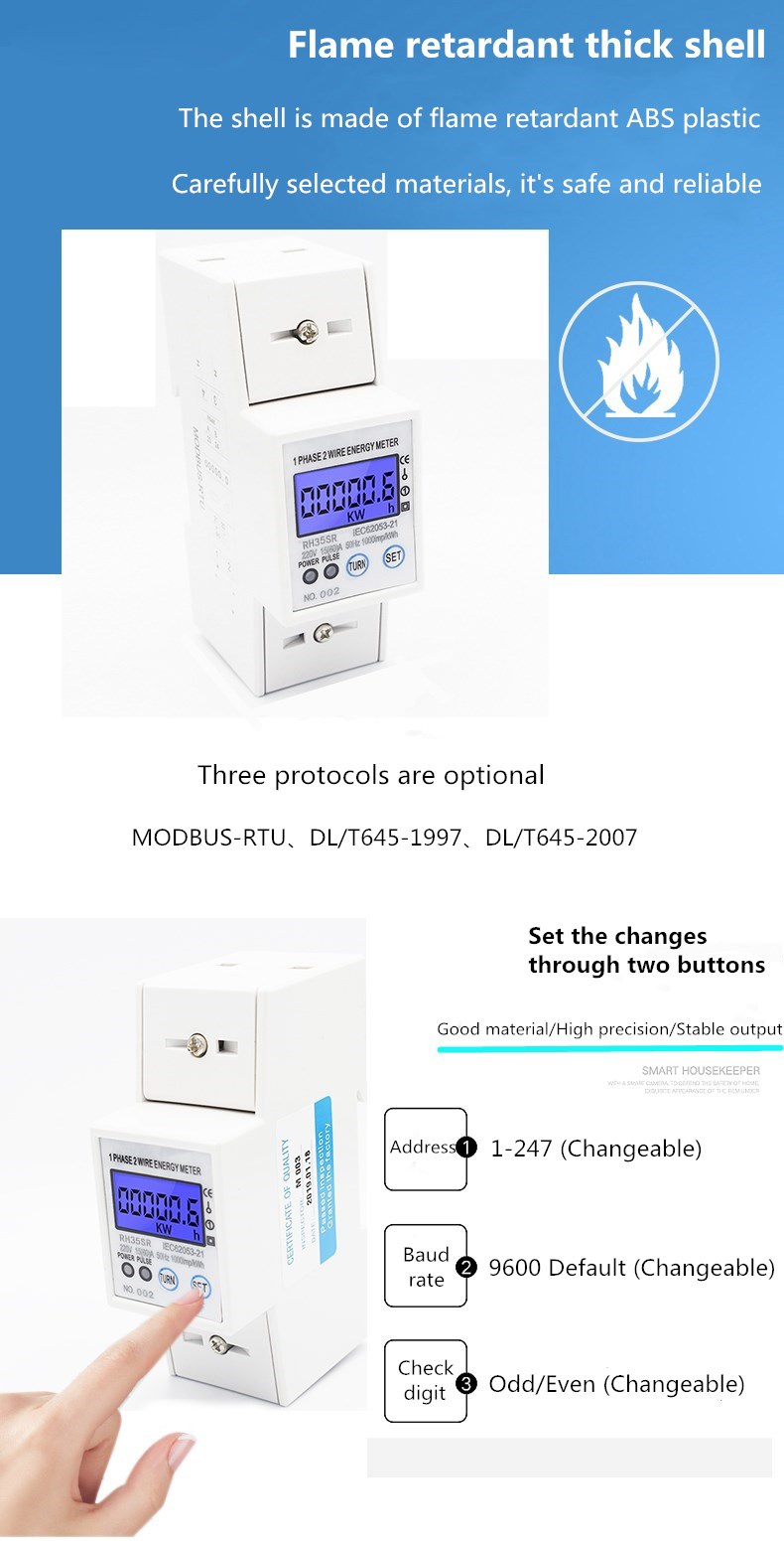 High Quality White DIN Rail Single Phase Two Wire Digital Power Meter