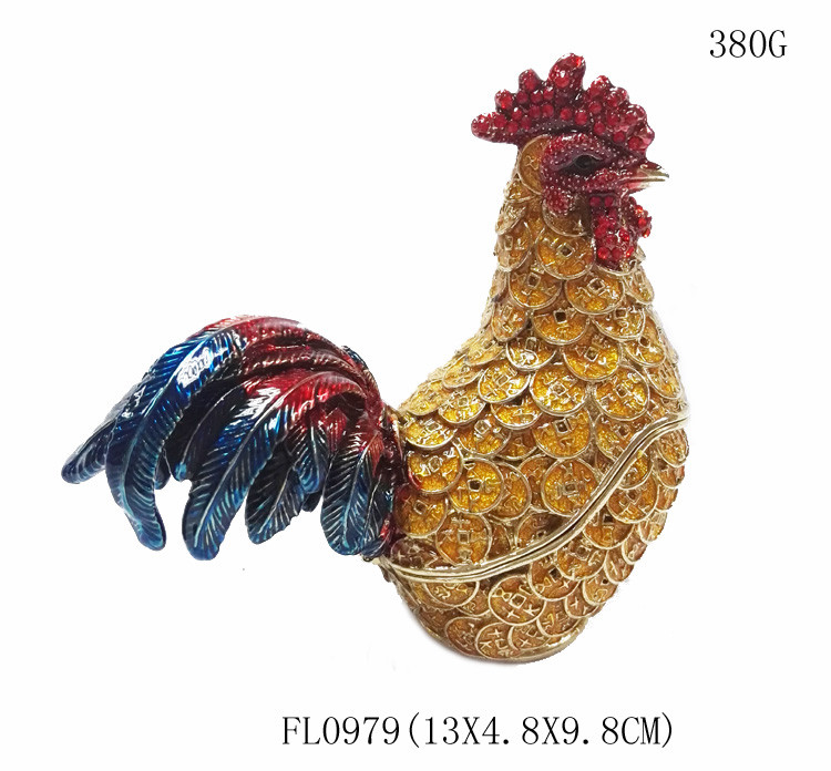 Decorative alloy rooster jewelry boxes beautiful cock enamel trinket box