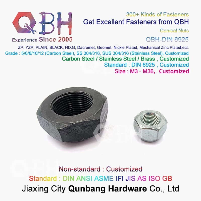 Qbh DIN6925 M3-M36 DIN 6925 Plain Black Yellow Blue Zinc Nickle Plated Hot DIP Galvanizing Dacr*Met Ge*Met Chrome Plating Wheel Hub Lock Hex Conical Nuts
