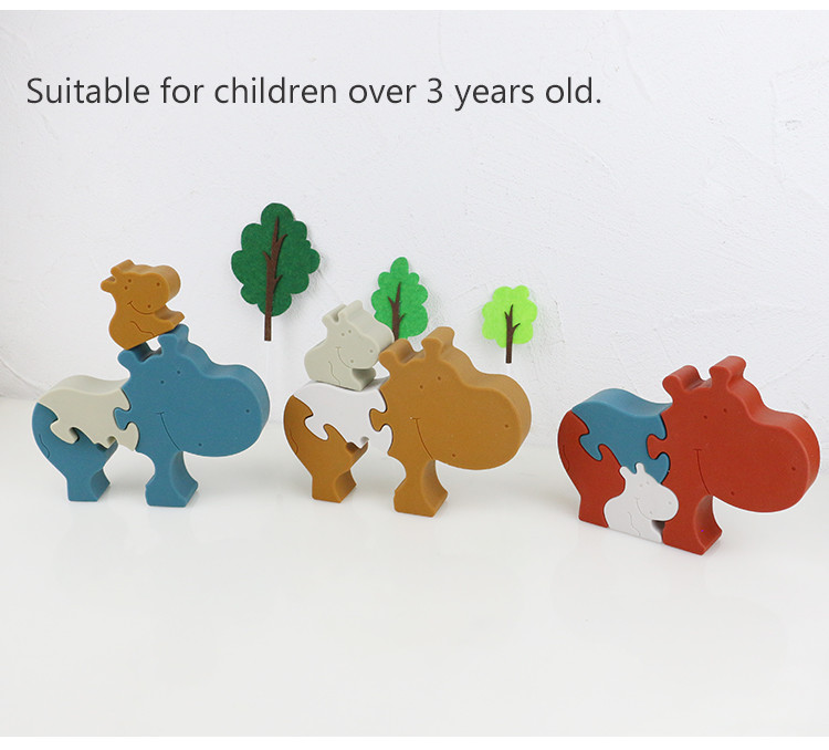 Silicone and wooden jigsaw puzzle standing animal hippo puzzle kid toys for child playing