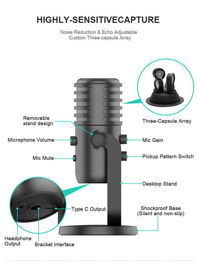 Professional USB Condenser Microphone Fast Mute Recording Studio Microphone