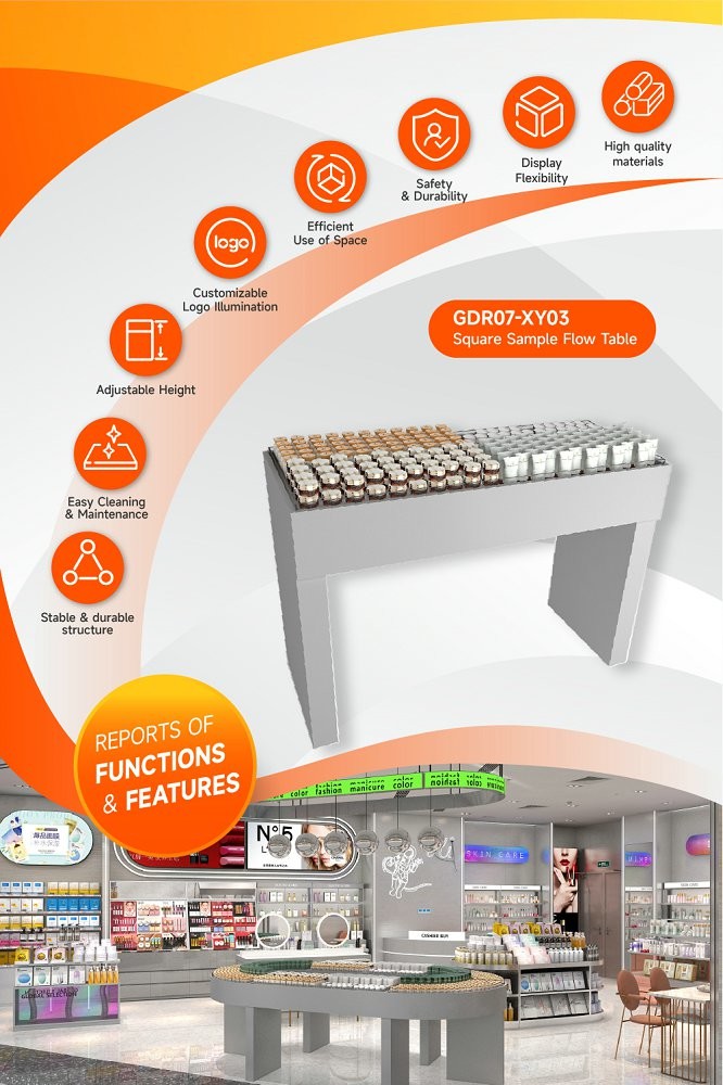 GDR07-XY03 Skincare Display Table with Adjustable Feet and Adjustable Height for Trade Show Booth