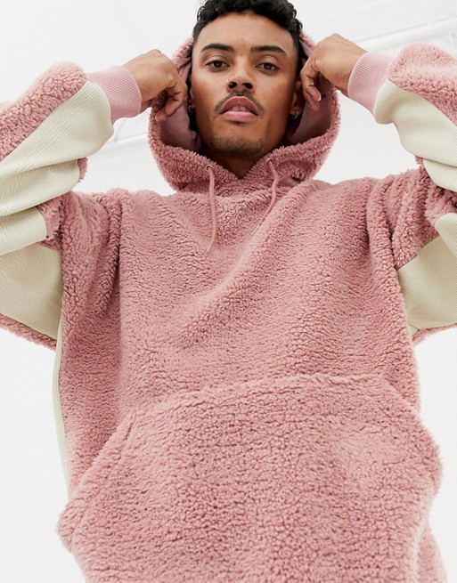 Contrast Knit Rib Mens Sherpa Jacket Oversized Sherpa Sweatshirt Anti Pilling