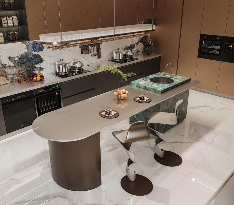 Sophisticated Residential Stainless Steel Kitchen Cabinets With Deep Gray And Brown Accents