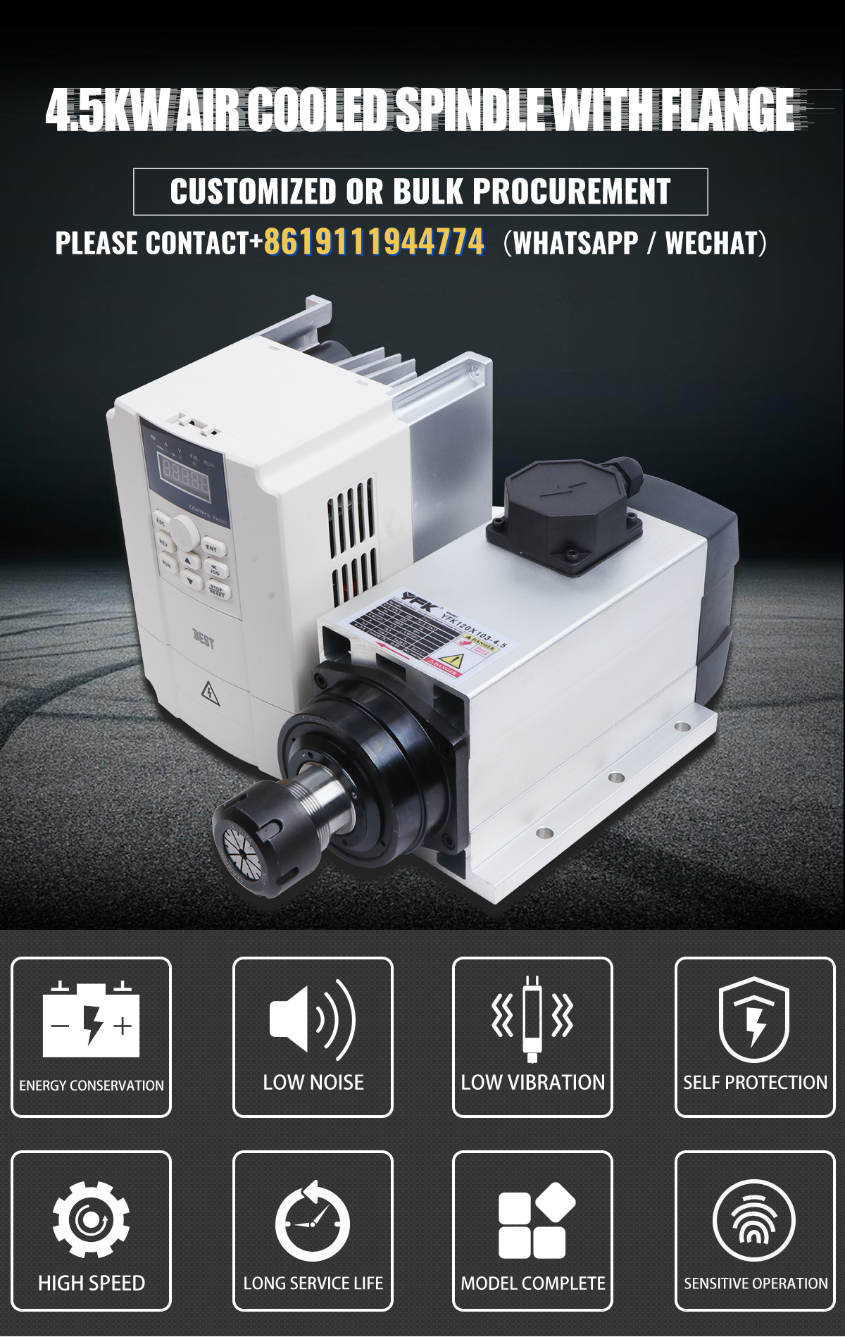 YFK120*103-4.5 ER32 Collet 4.5KW Air Cooled Spindle Motor Kit for CNC Router Machine