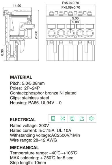Custom Pcb Wire Terminal Block 26－14 Awg WT2EDGKDA-5.0/5.08