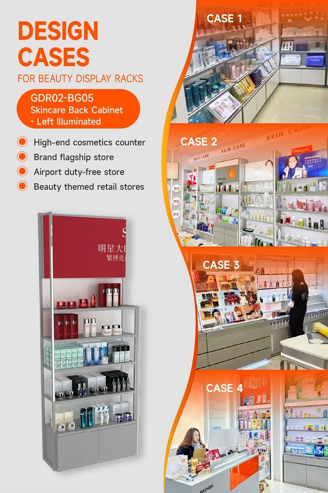 GDR02-BG05 Left Illuminated Skincare Display Cabinet with Multi-Purpose Storage and Modern Style for Department Stores