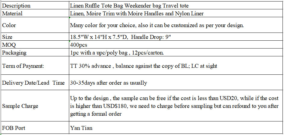 Linen Ruffle Tote Bag Weekender bag Travel tote