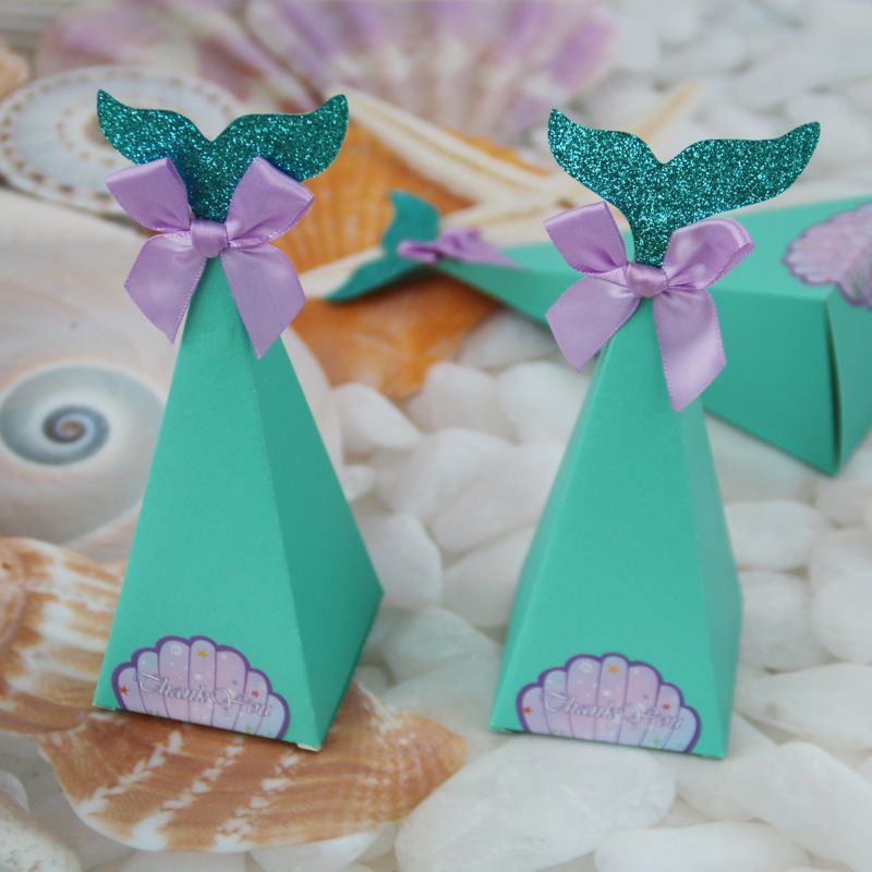 Mermaid Tail Paper Candy Box, Wedding Birthday Party Gift Boxes, Custom Logo Cookie Chocolate White Cardboard Carton Foldling Packaging Box with Ribbon