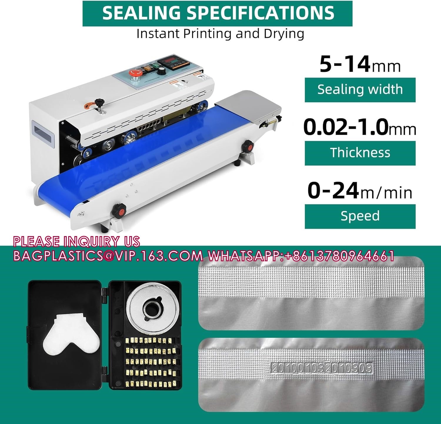 Horizontal Continuous Band Sealer, Automatic Bag Heat Sealer W/Printing Wheels, Commercial Bag Sealing Machine