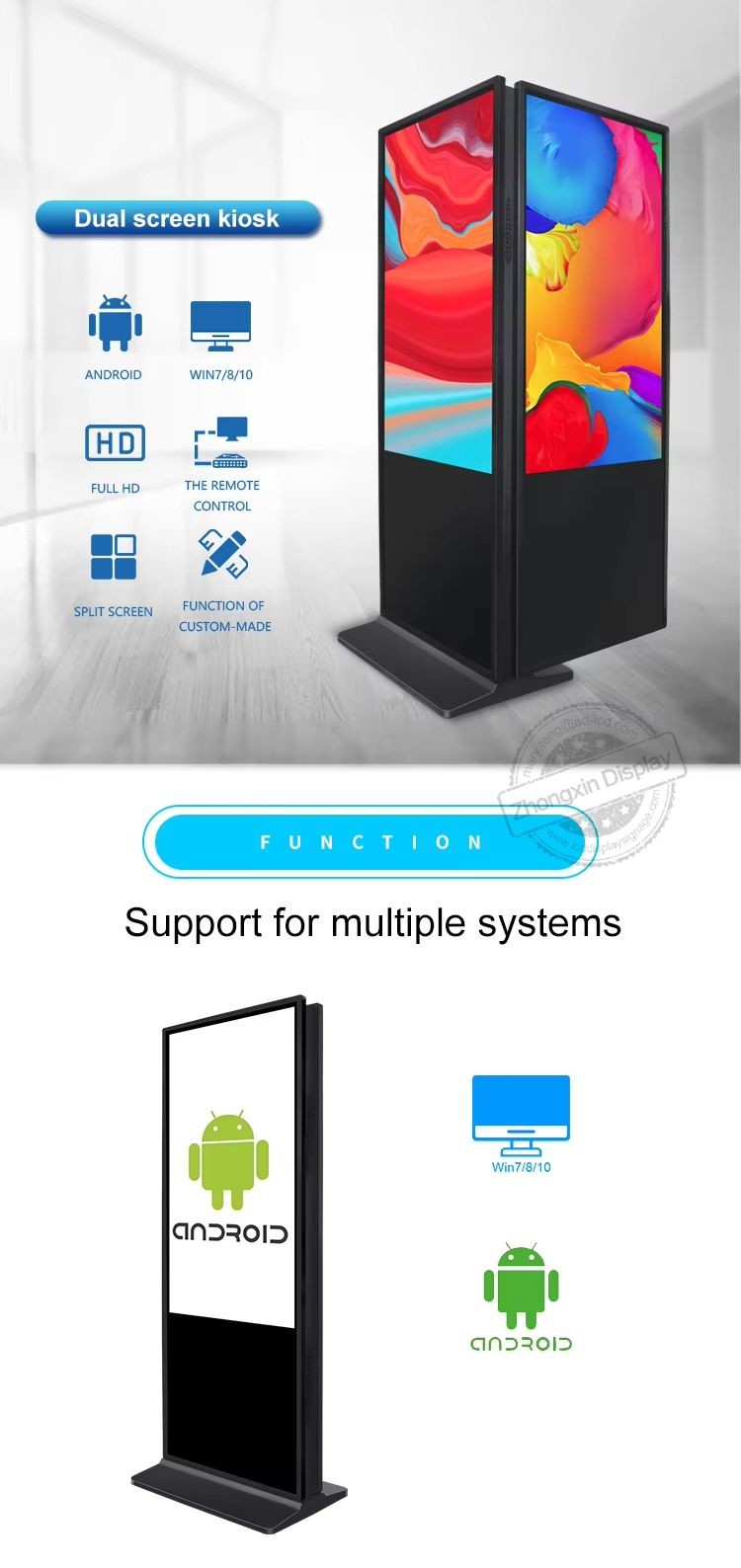 Indoor Vertical FHD Double-Sided LCD Display Monitor Kiosk Advertising Player 43 49 55 65 Inch with 350 cd/m2 Brightness