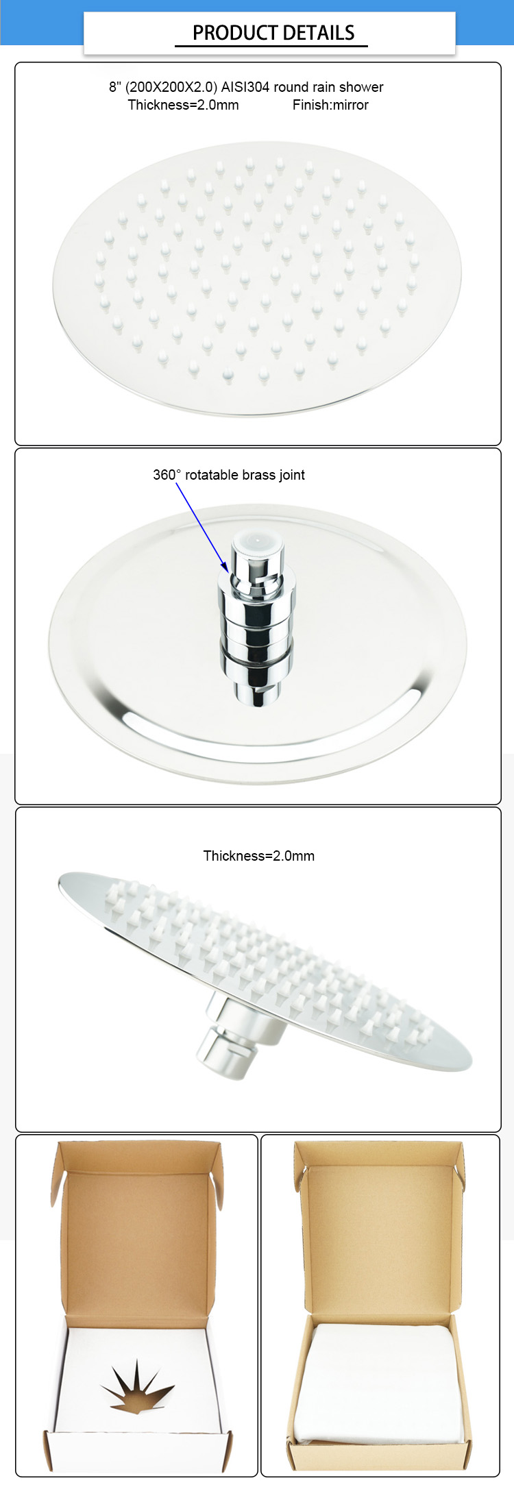 Water Saving 200×200×2.0mm Bathroom Rain Shower Heads