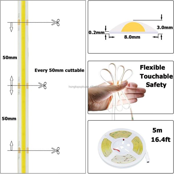 Energy Saving IP20 COB LED Strip Light 8mm PCB 300chips per Meter with 800lm Luminous Flux