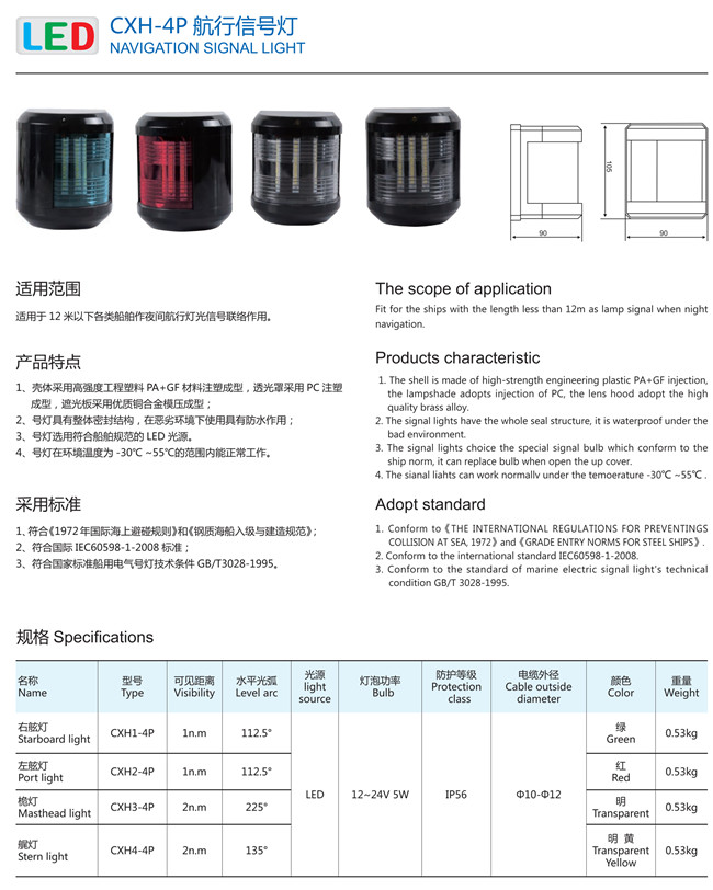 Weight 0.53kg CXH-4P LED 5W Marine Signal Lights For 12m Small Boat