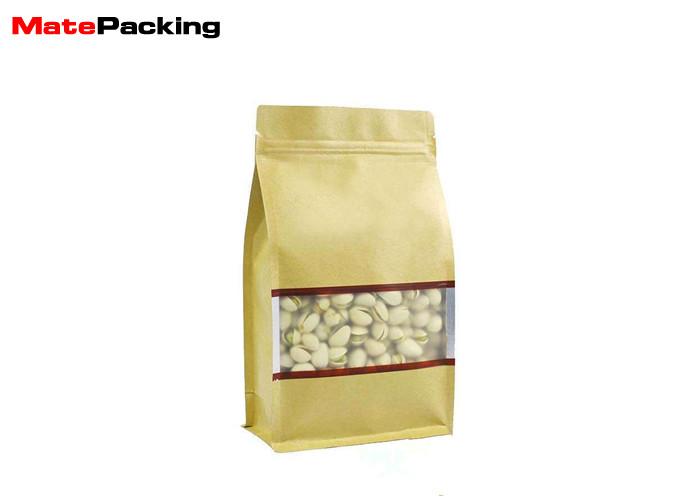 Clear Window Flat Brown Kraft Paper Bags Zipper Foil Lined 0.12mm Thickness For Nuts
