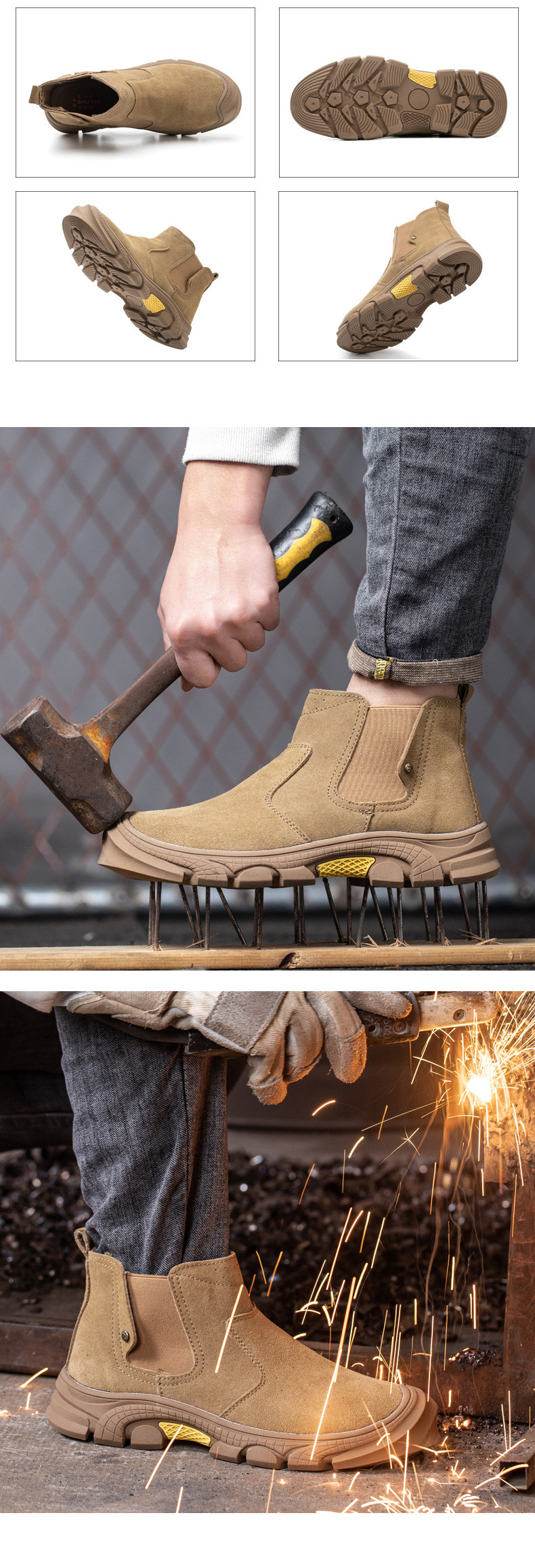 Men'S Suede Kevlar Steel Toe Welding Safety Shoes Anti Smashing Rubber Work