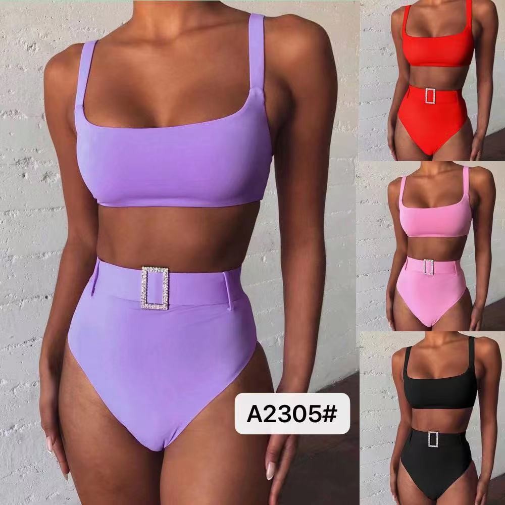 Swimming Suits Bikini Solid Color Europe Sexy Factory Direct Supply High Waist Miss