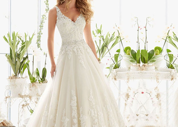 Plus Size Long Tail Bridal Gown V Neck Sleeveless Lace Backless Beaded Belt