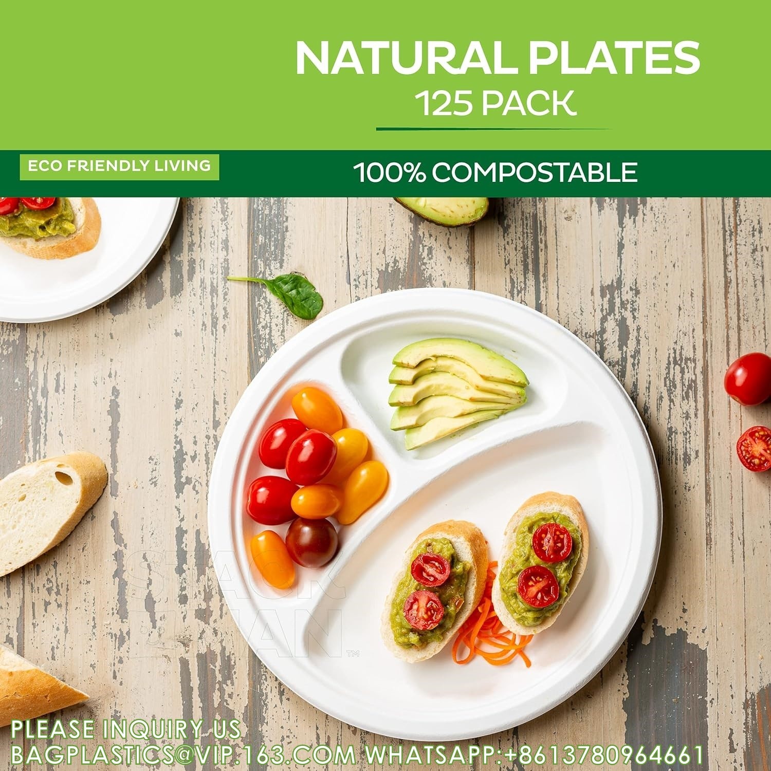 Compostable Disposable Paper Plates 10 Inch Heavy Duty, Eco-Friendly 9" Natural Disposable Paper Plates 3 Compartment