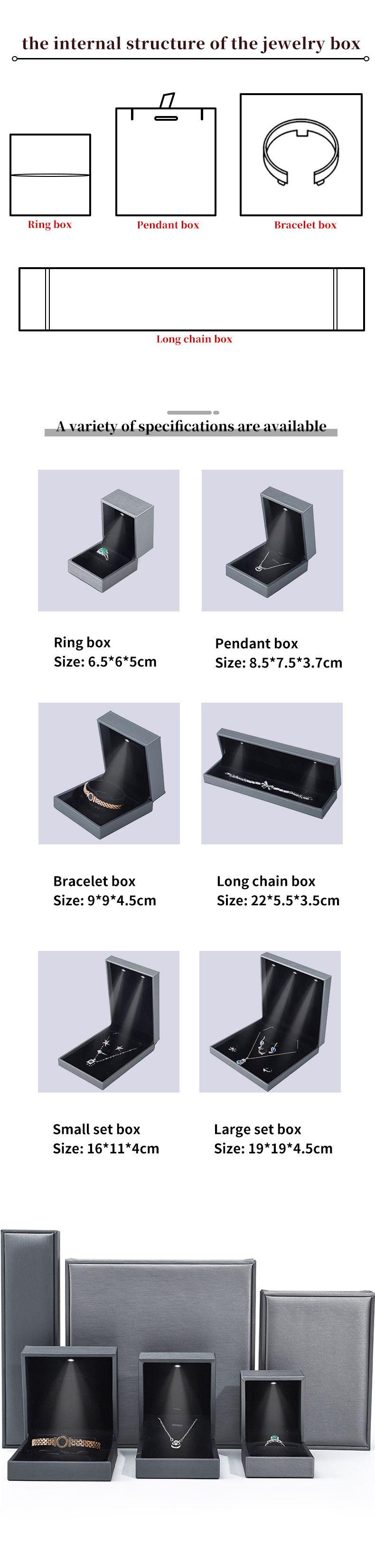 Grey Lightweight Leather LED Jewelry Box Luxury Packaging For Bracelet Necklace Ring