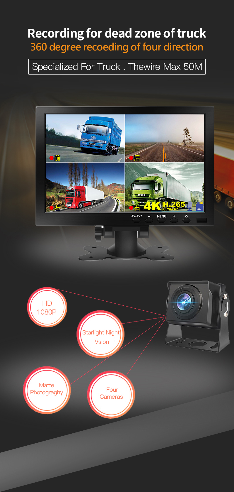 Full HD 1080P 5V 10.1 Inch Truck Dash Cam Four Lens Touch Screen