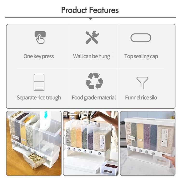 6 Grids Plastic Cereal Storage Box for Kitchen Food