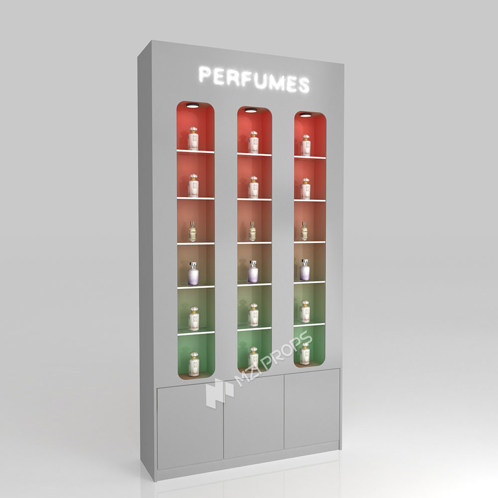 Skincare Store Display Furniture Grey Wooden Display Cabinet For Trendy Display Stand Fashion-Forward Display Showcase