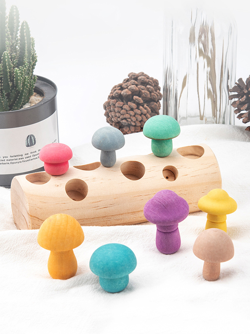 Mushroom Picking Game Rainbow Block Toy Montessori Educational Wooden Baby Toys