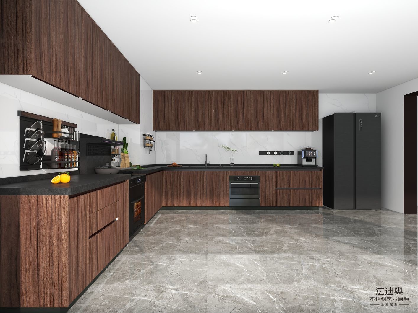 Luxury Stainless Modern Stainless Steel Kitchen Cabinets With Natural Wood Grain Finish - Customizable And Durableeel Modern Kitchen Cabinet With